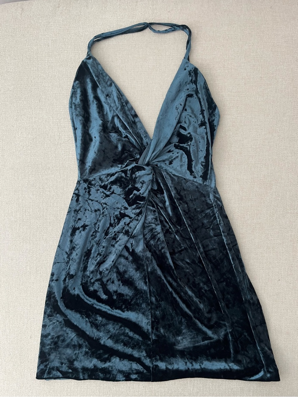 Zara Blue Velvet Twist-Front Halter Mini Dress